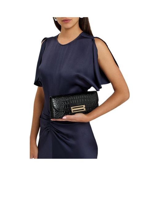 Victoria Beckham Black Crocodile-Pattern Leather Clutch