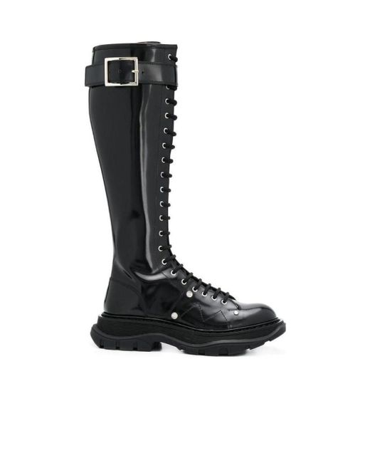 McQueen Black Tread Knee-High Boots
