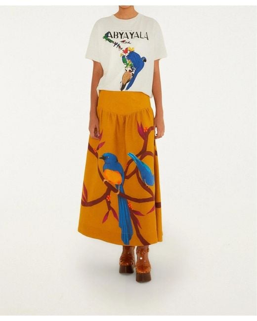 Farm Rio Orange Bird-Print Skirt