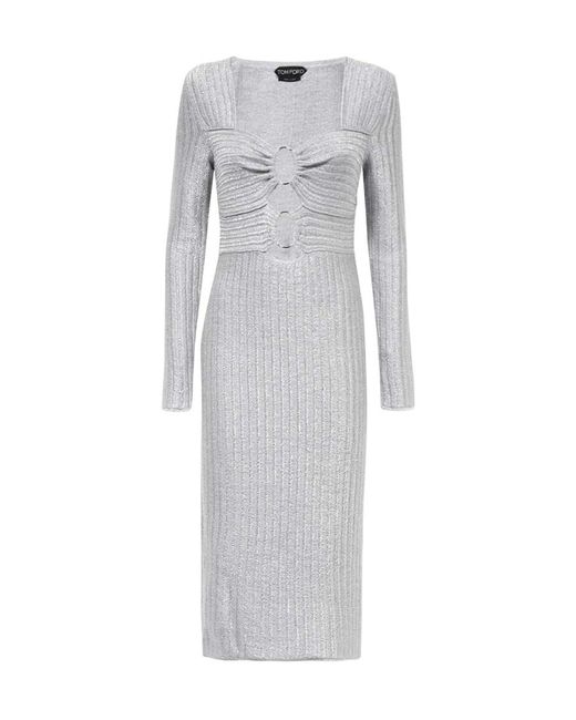 Tom Ford Gray Cut-Out Ring Detail Knitted Midi Dress