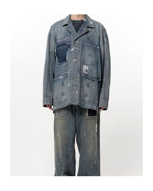 Maison Mihara Yasuhiro Blue Chore Stripe-Pattern Paint-Splatter Denim Jacket for men