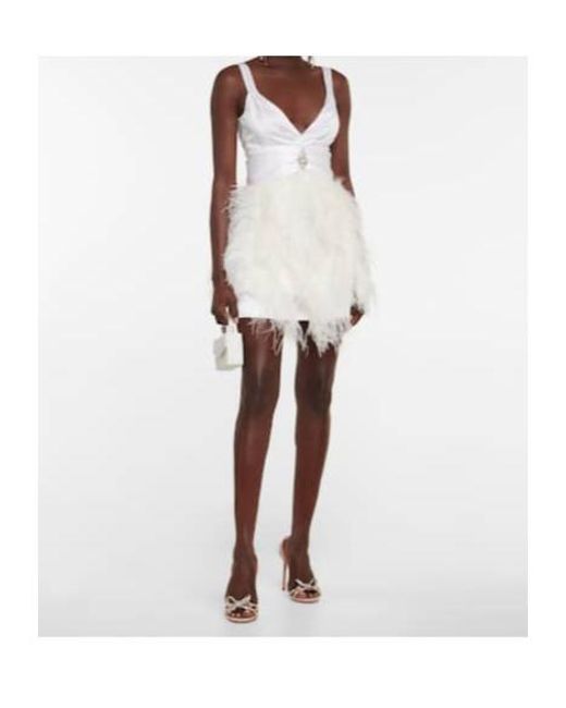 Alessandra Rich White Feather-Trimmed Embellished Silk Minidress