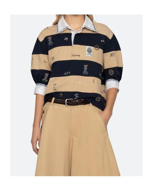 Sea Blue Juliet Embroidered Striped Polo Shirt