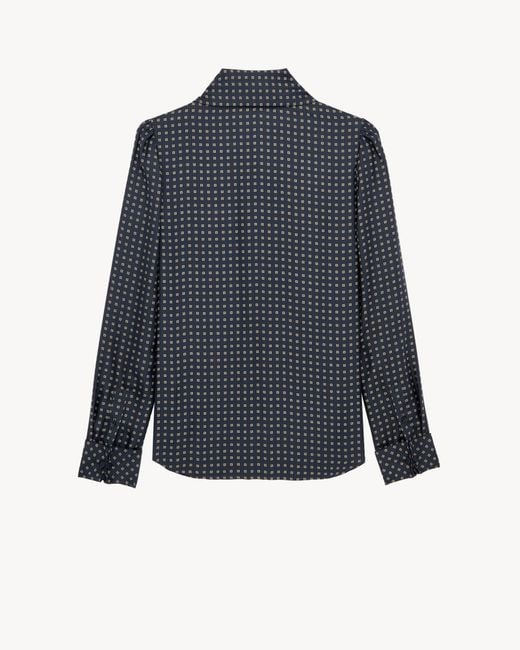Saint Laurent Blue Checkered Mulberry Silk Crepe Satin Shirt With Floral Knot