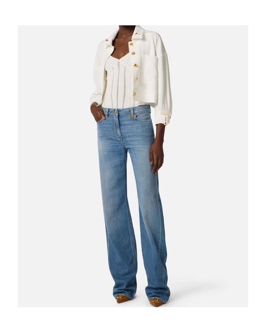 Elisabetta Franchi Blue Logo Plaque Wide-Leg Jeans