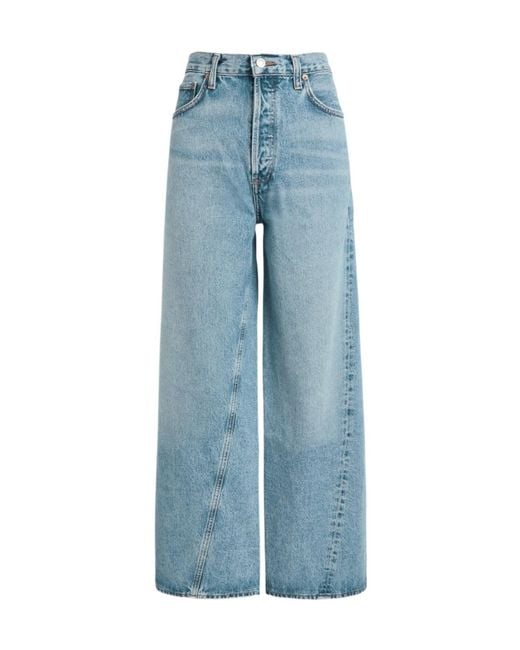 Agolde Blue Low Slung Baggy Distressed Wide-Leg Jeans