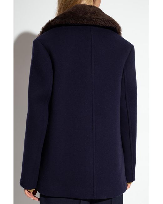 Tory Burch Blue Notched-Lapels Shearling Jacket