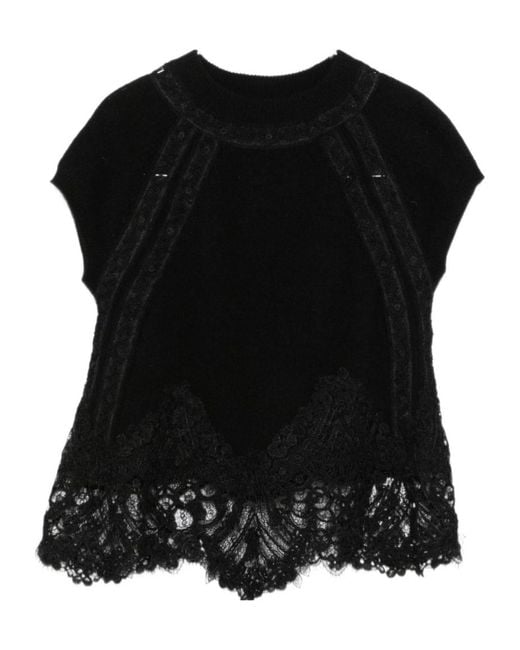 Ermanno Scervino Black Lace-Trim Cap-Sleeve Top