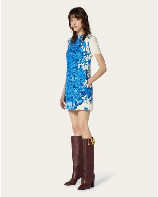 Valentino Blue Floral Print Short-Sleeve Dress