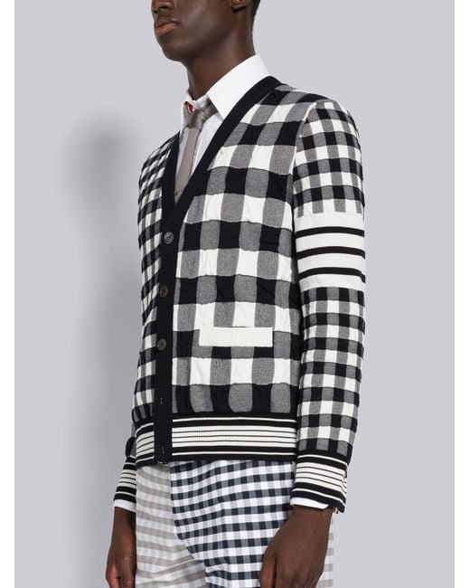 Thom Browne White 4-Bar Stripe Gingham-Check Cardigan for men