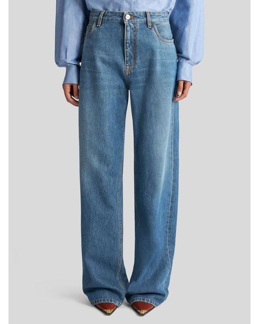 Etro Blue High-Waist Pegaso-Embroidered Wide-Leg Jeans