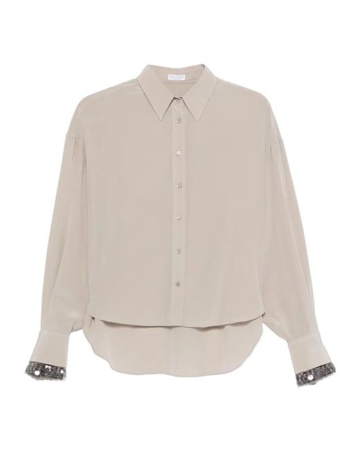 Brunello Cucinelli Natural Sequin-Embellished Silk Shirt