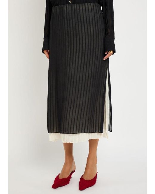 Vince Black Layered Striped Plissé Midi Skirt