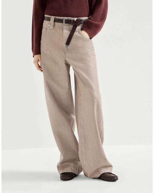 Brunello Cucinelli Natural Lamé-Denim Baggy Trousers With Monili