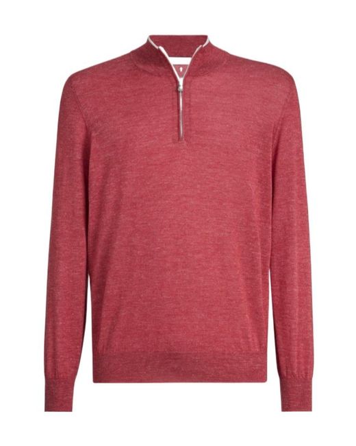 Brunello Cucinelli Red Half-Zip High-Neck Knitted Sweater for men