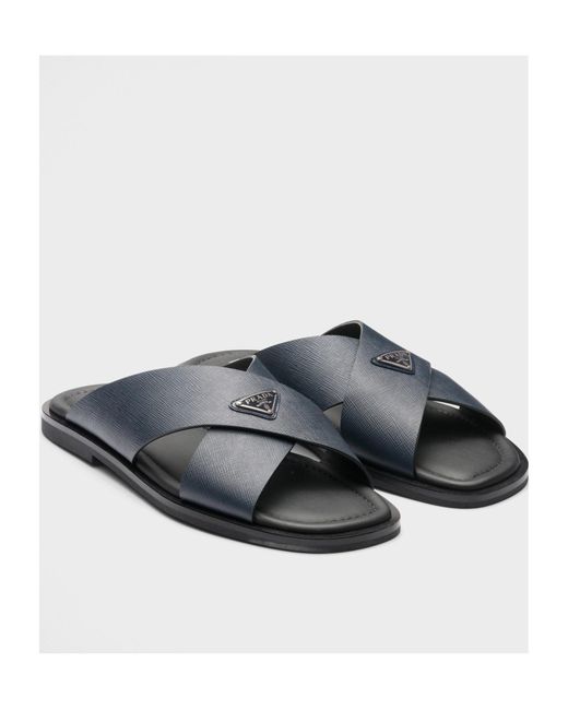 Prada Blue Saffiano Leather Crisscross Slides for men