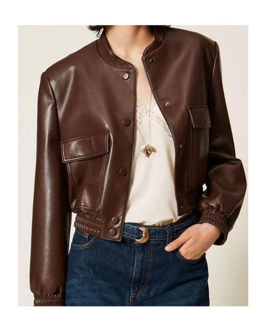 Twinset Brown Faux Leather Bomber Jacket With Pockets