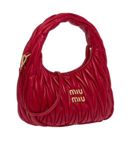 Miu Miu Red Wander Matelassé Logo Plaque Mini Hobo Bag