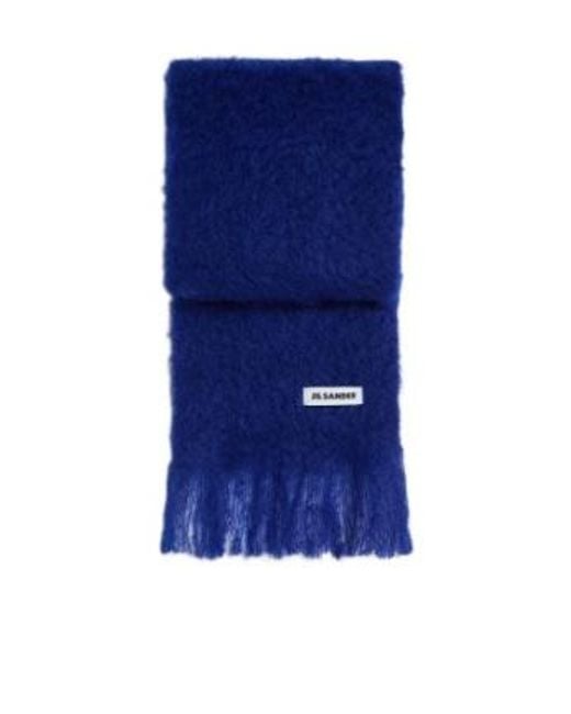 Jil Sander Blue Fringed Logo Scarf for men