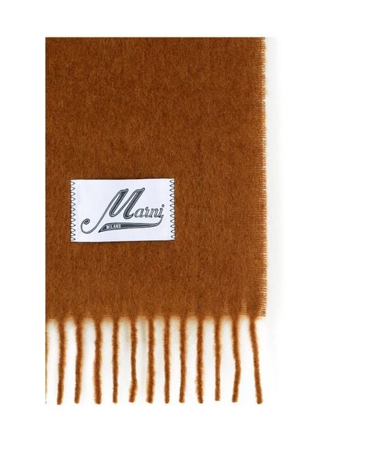 Marni Brown Logo Patch Fringed Scarf for men