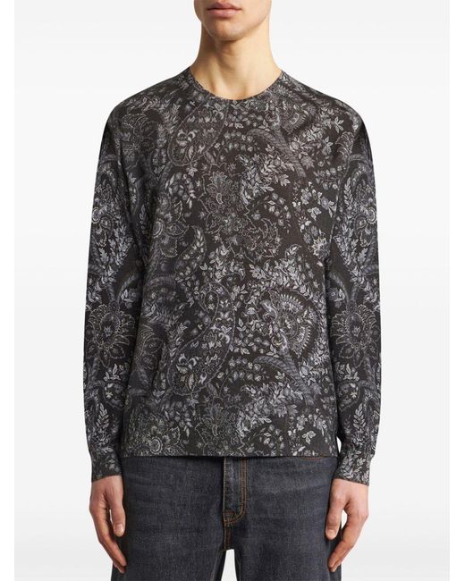 Etro Gray Paisley Intarsia-Knitted Long-Sleeved Jumper for men