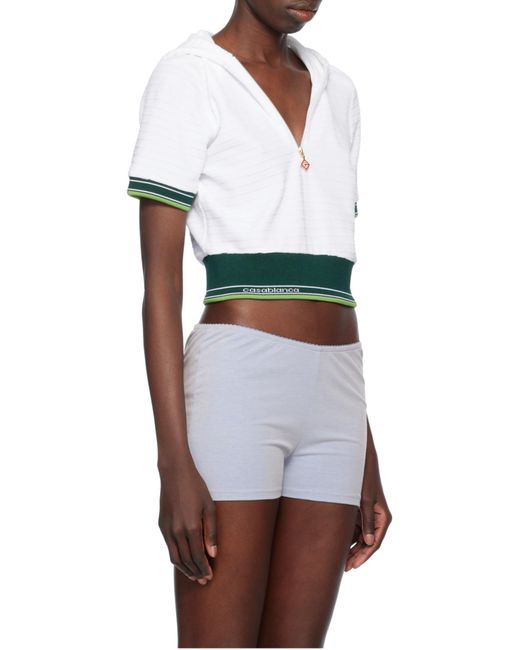 Casablanca White Tennis Textured Velour Cropped Hooded Top