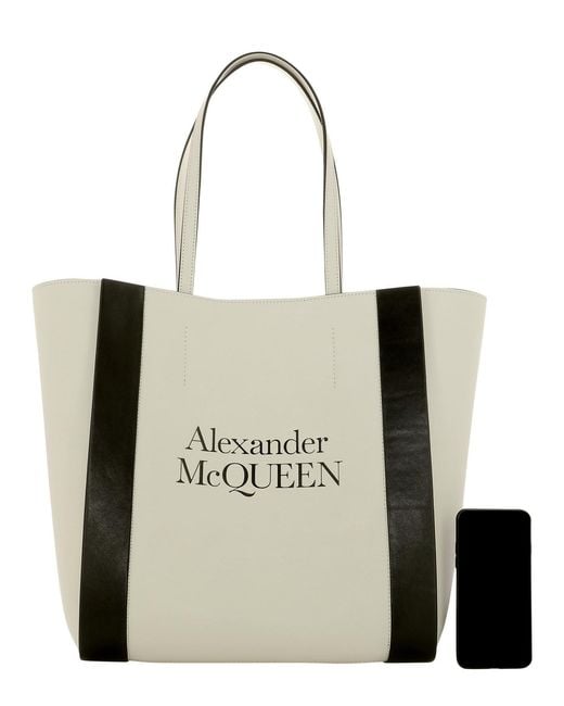 McQueen Natural Logo-Print Two-Tone Tote Bag