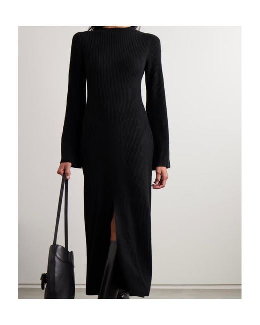 LeKasha Black Logan Ribbed Organic Cashmere Midi Dress