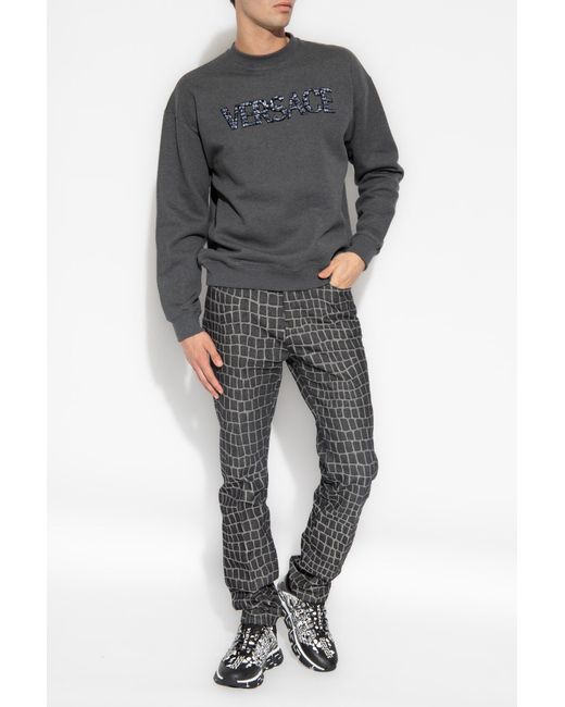 Versace Gray Logo-Embellished Crewneck Sweatshirt for men