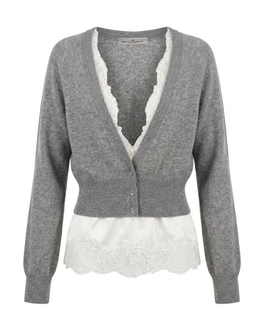 Ermanno Scervino Gray Long-Sleeved Knitted Patchwork Cardigan