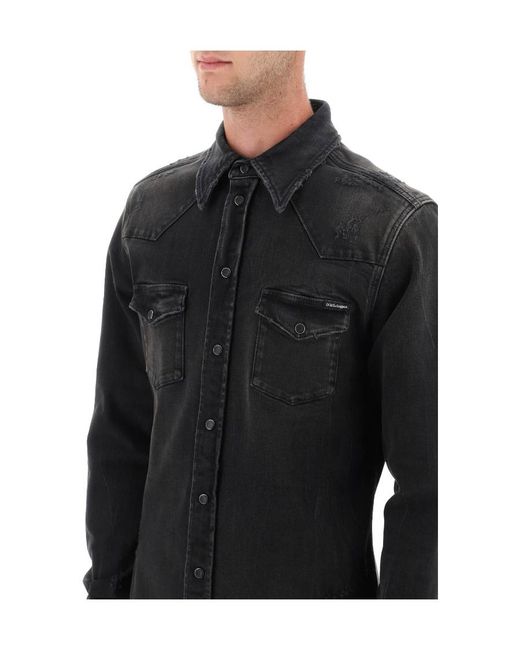 Dolce & Gabbana Black Distressed Denim Buttoned Shirt for men