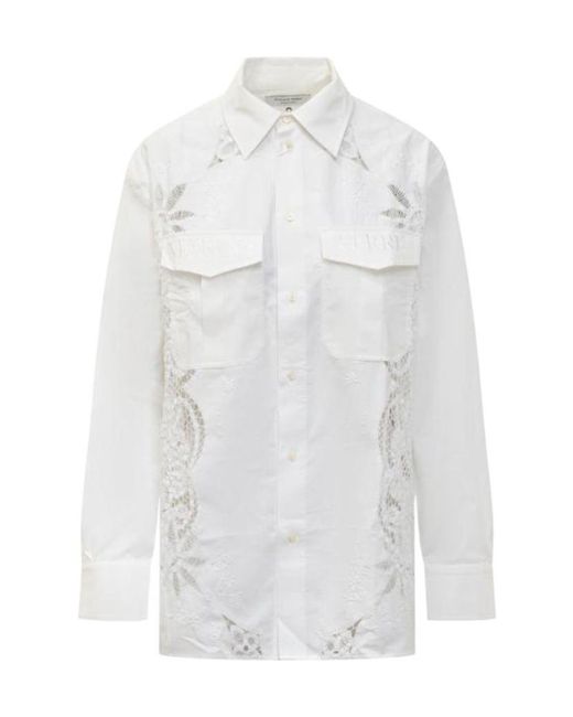 MARINE SERRE White Crochet-Panel Embroidered Long-Sleeved Shirt