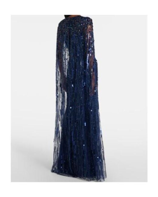 Jenny Packham Blue Ruby Sequined Caped Gown