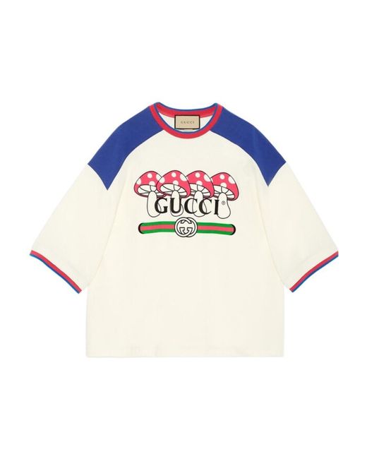 Gucci Blue Mushroom-Print Cotton T-Shirt