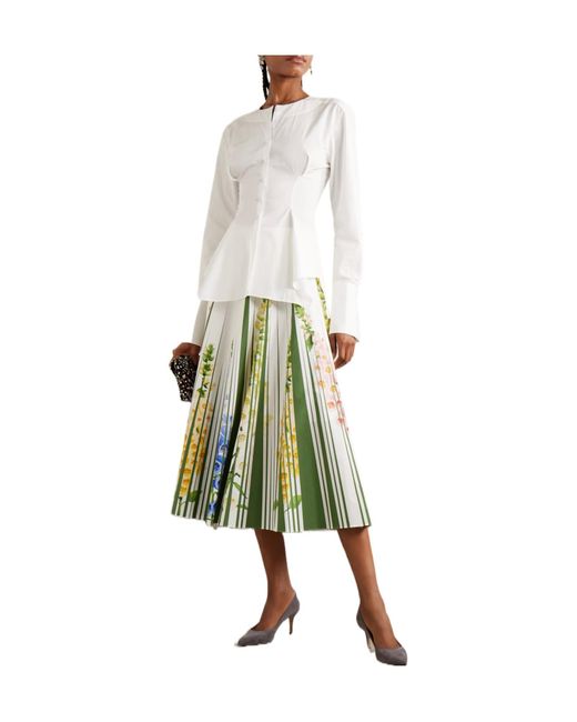 Oscar de la Renta Green Pleated Midi Skirt