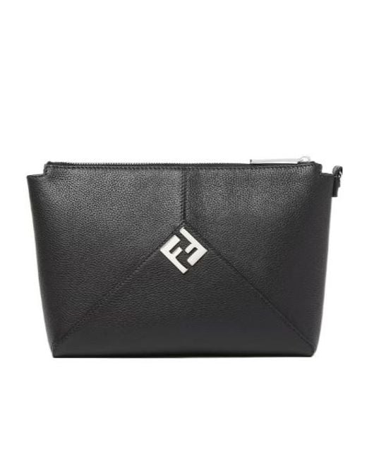 Fendi Black Lui Logo Plaque Zipped Clutch Bag for men