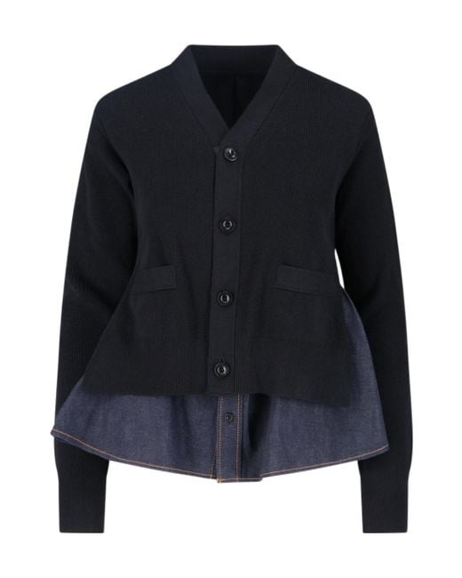 Sacai Blue Denim-Panel Ribbed Cardigan