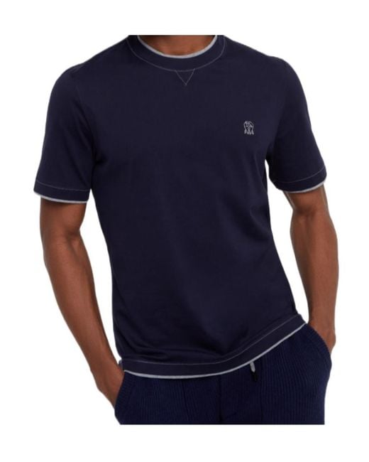 Brunello Cucinelli Blue Logo Embroidered Layered T-Shirt for men