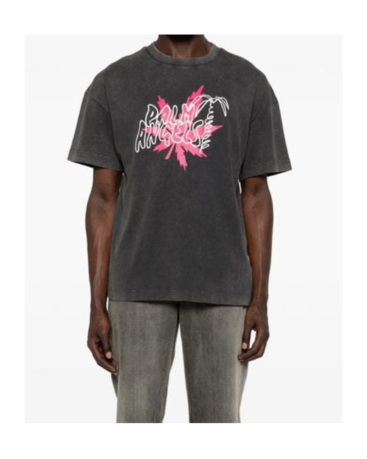 Palm Angels Gray Logo-Print Faded-Effect T-Shirt for men