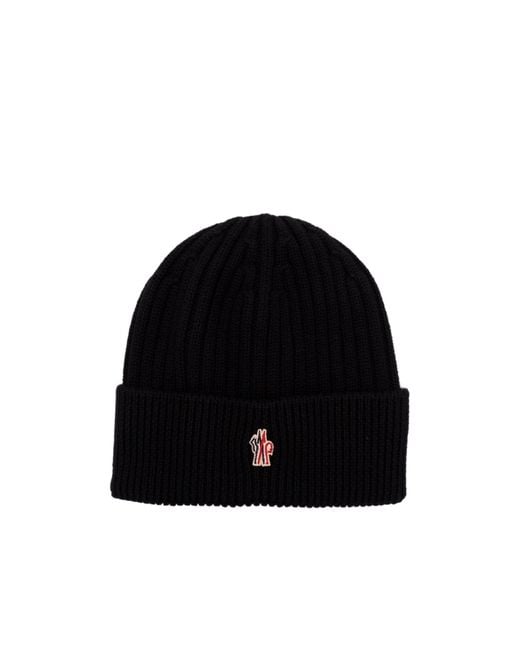 Moncler Black Grenoble Ribbed Logo Beanie Hat for men