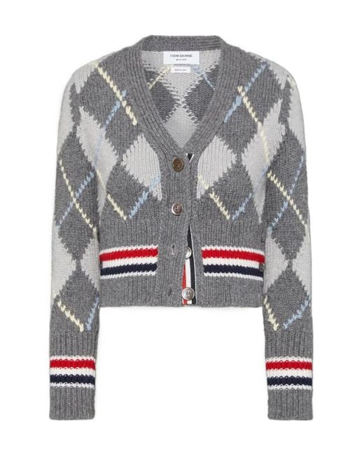 Thom Browne Gray Argyle-Intarsia Knitted Cardigan