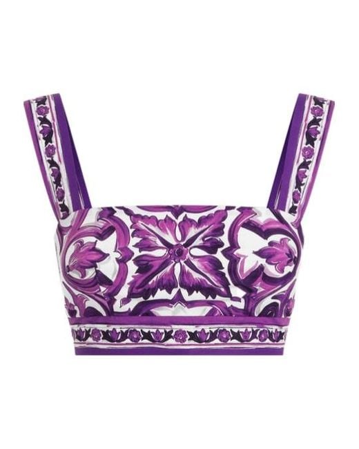 Dolce & Gabbana Purple Majolica Printed Cropped Top