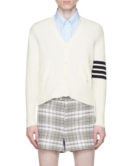 Thom Browne White 4-Bar Stripe Cable Knit Cardigan for men