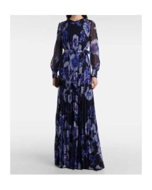 Erdem Blue Floral Pleated Voile Gown