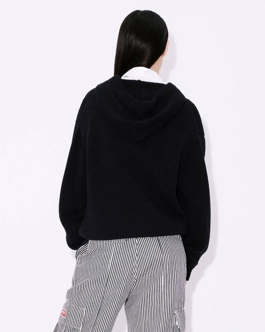 KENZO Black Logo Detailed Drawstring Knit Hoodie for men