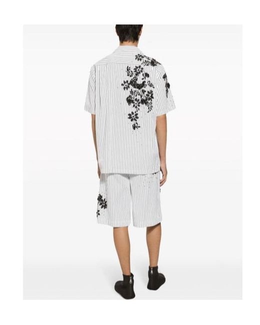 Dolce & Gabbana White Striped Poplin Hawaiian Shirt With Embroidery for men