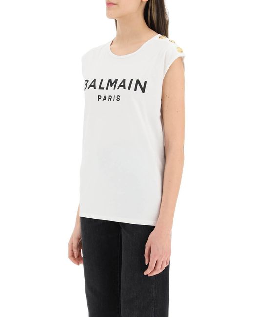 Balmain White Button-Detail Logo-Print Tank Top