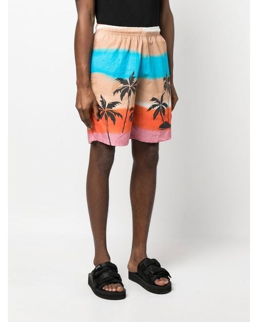 Barrow Blue Palm-Tree Printed Striped Bermuda Shorts for men