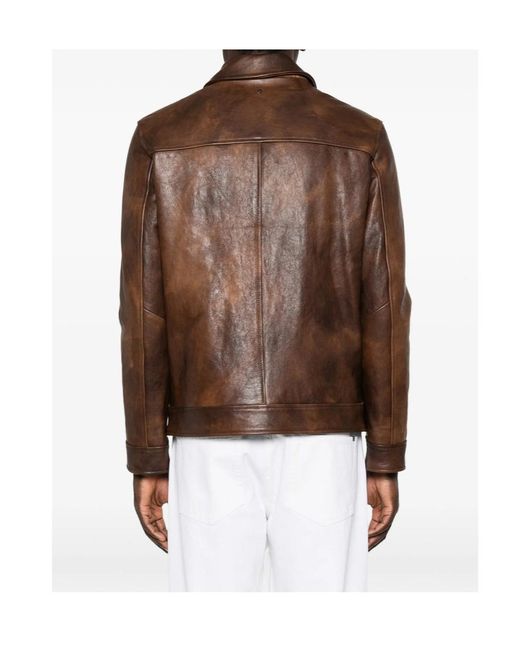Dondup Brown Lapel-Collar Zip-Up Leather Jacket for men