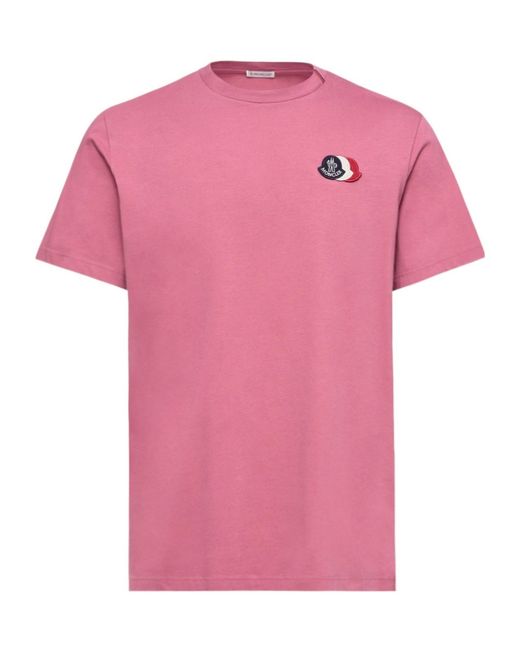 Moncler Pink Embroidered Tricolor Logo Cotton T-Shirt for men